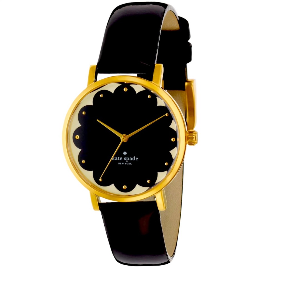 ♠️Kate Spade Metro Scallop Watch, patent Blk, Wht & Blk face with Gold fixtures